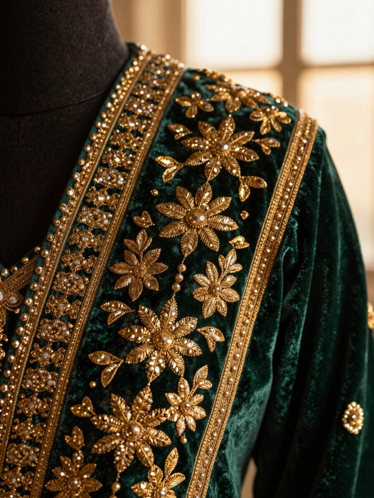 Macro close-up of intricate gold zardozi and tilla embroidery on deep emerald velvet, warm golden-hour side light highlighting the metallic threads