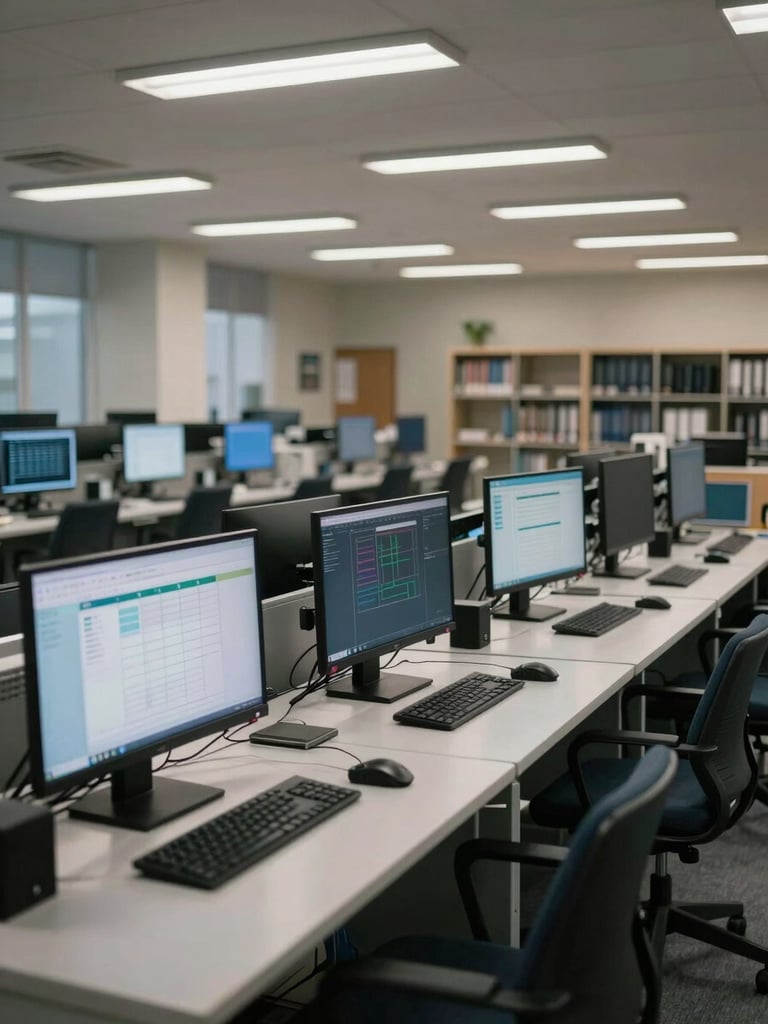 Wide environmental shot of an institutional collections operations floor — rows of workstations with data dashboards on monitors, overhead fluorescent strip lighting casting cool even illumination across the room, no people visible, empty chairs, file storage visible along the far wall