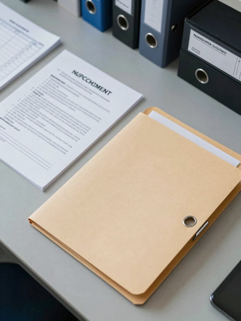 Overhead flat-lay of legal filing folders, stamped enforcement documents, and a case number ledger on a gray institutional desk under cool fluorescent light, no people visible