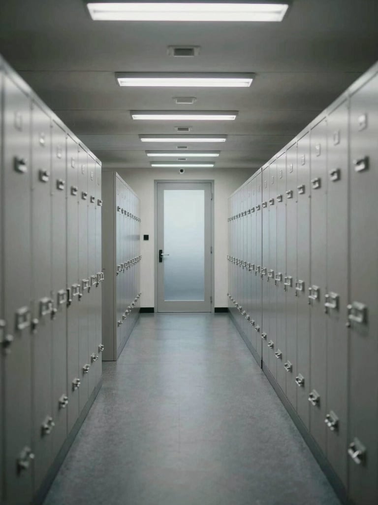 Environmental wide shot of a corporate office corridor shot in cool overhead fluorescent light, rows of filing cabinets lining both walls, a closed door with frosted glass at the far end, no people, institutional gray tones