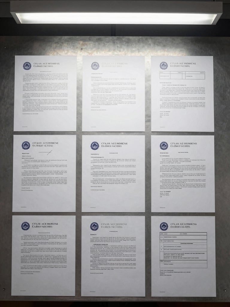 Overhead flat-lay of legal enforcement documents, case files, and stamped letterhead arranged on a steel-gray metal desk under cool fluorescent office lighting, shot directly from above