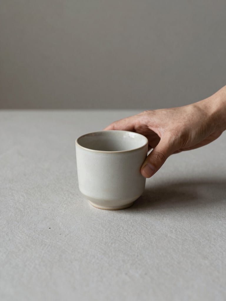 Hands interacting with a tactile ceramic cup on a clean slate surface, soft natural morning light, minimal composition