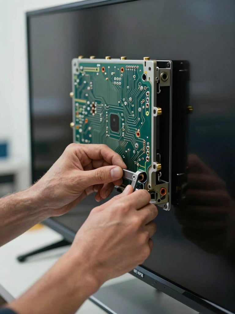 Close-up framing of technician hands installing a genuine replacement part into an open TV panel, cool workshop daylight from the left, circuit traces visible in sharp detail, no branding or text in frame