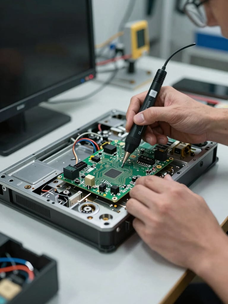 Close-up of a technician's hands holding a circuit board diagnostic tool over an open flat-panel TV chassis on a workshop bench, cool neutral workshop daylight, wiring and genuine spare parts visible in the foreground