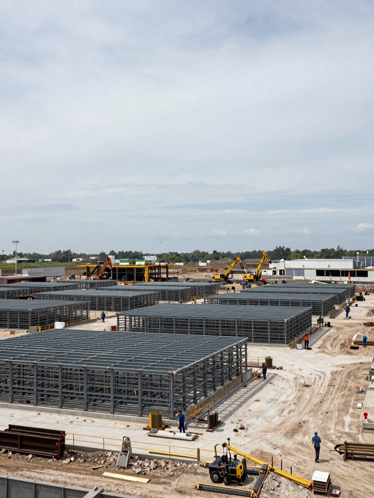 Wide panoramic view of a large Gulf construction site at neutral daylight, steel framework and concrete foundations stretching across the frame, heavy equipment visible at distance, overcast sky providing even exposure, scale emphasized by workers at far ground level