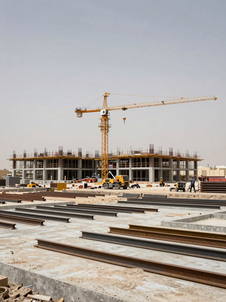 Wide-angle view of a large construction site in Saudi Arabia at overcast daylight, tower cranes visible above concrete structural frames, workers and equipment at distance showing project scale, raw concrete and steel detail in foreground