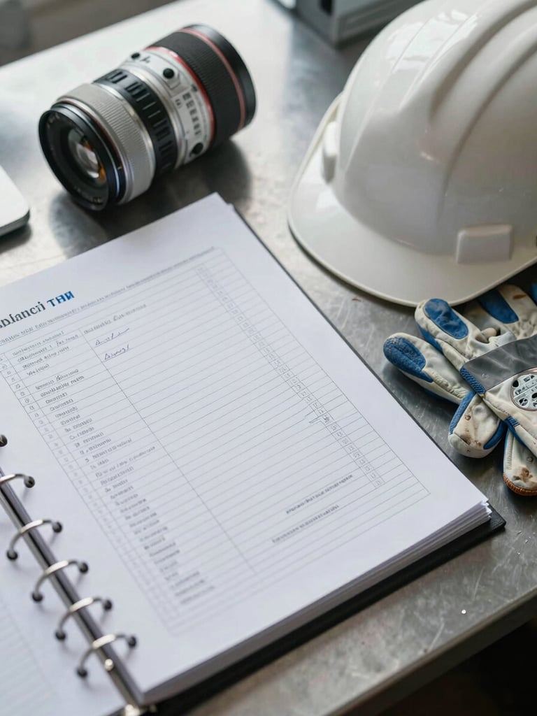 Overhead view of an open compliance binder on a metal desk, handwritten notes and regulatory checklists visible, a hard hat and safety gloves resting beside it, cool office daylight, tight documentary framing