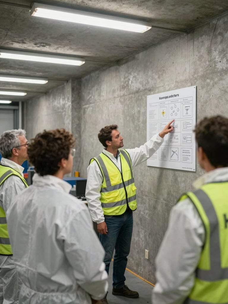 Safety consultant standing before a small group of workers in PPE inside a workshop, pointing to a laminated hazard diagram mounted on a concrete wall, natural overhead fluorescent light, documentary wide shot