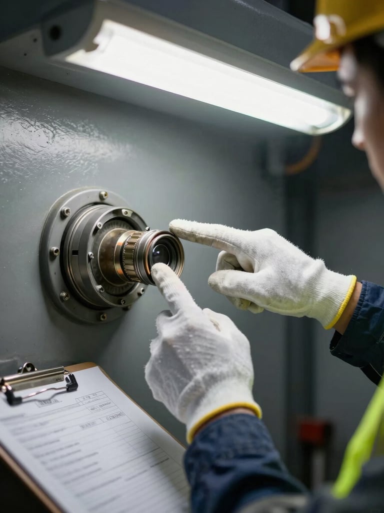 Close-up of a safety consultant's gloved hands pointing to a worn cable junction on industrial equipment, a clipboard with inspection notes visible at the edge of frame, cold overhead fluorescent light casting sharp shadows on the machinery surface