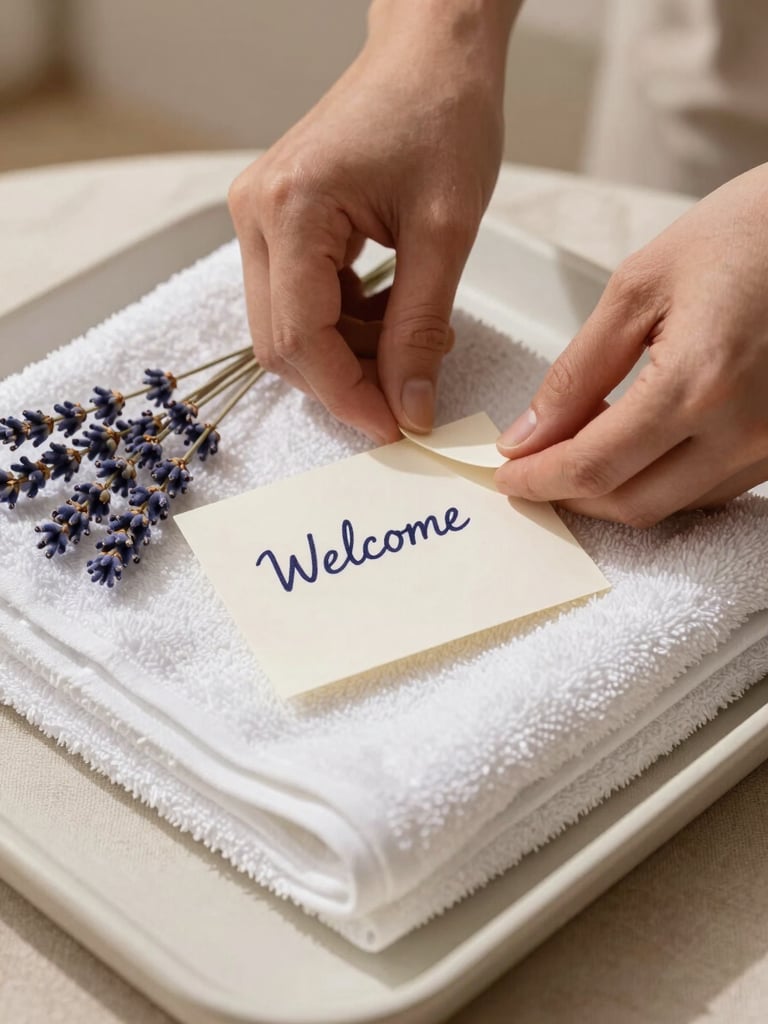 Hands placing a small handwritten welcome note beside a folded white towel and a sprig of dried lavender on a tray, soft Mediterranean daylight, warm linen surface