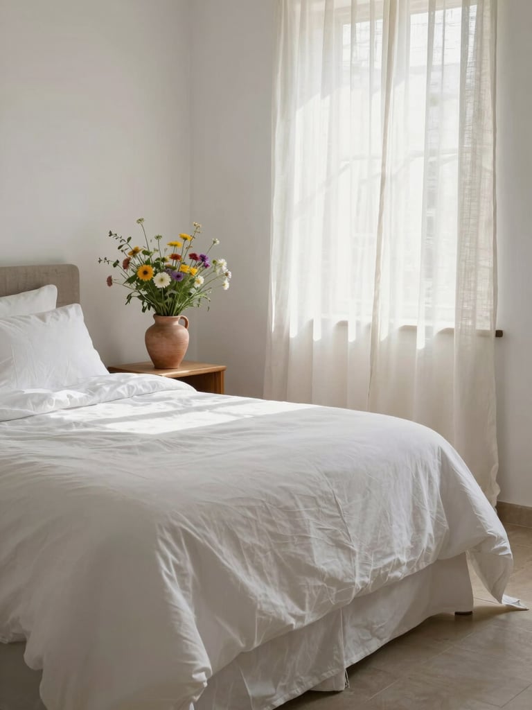 Wide shot of a freshly made Mediterranean bedroom, crisp white linens, a small bunch of wildflowers in a clay vase on the bedside table, late morning light through linen curtains