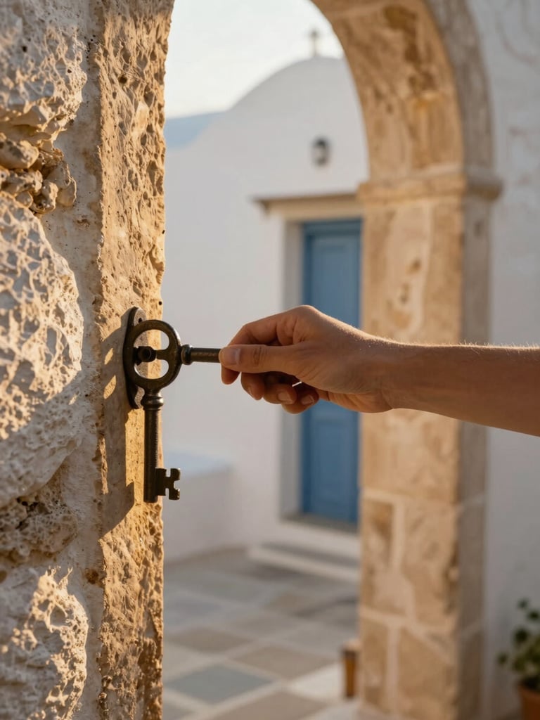 A hand turning an old iron key in a sunlit doorway of a stone Mediterranean house, warm golden-hour light catching the metal, whitewashed wall visible in the background
