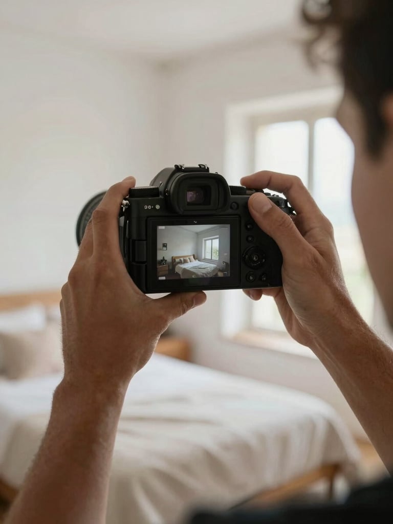 Close-up of a photographer's hands framing a bright Mediterranean bedroom through a camera viewfinder, warm morning light, white walls, natural linen visible