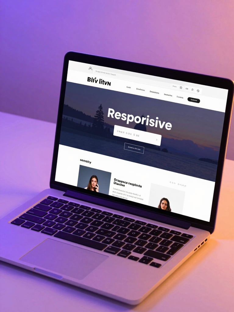 A close-up of a high-quality responsive website mockup displayed on a modern laptop screen, resting on a clean white desk, subtle purple and orange neon glow, sharp focus.