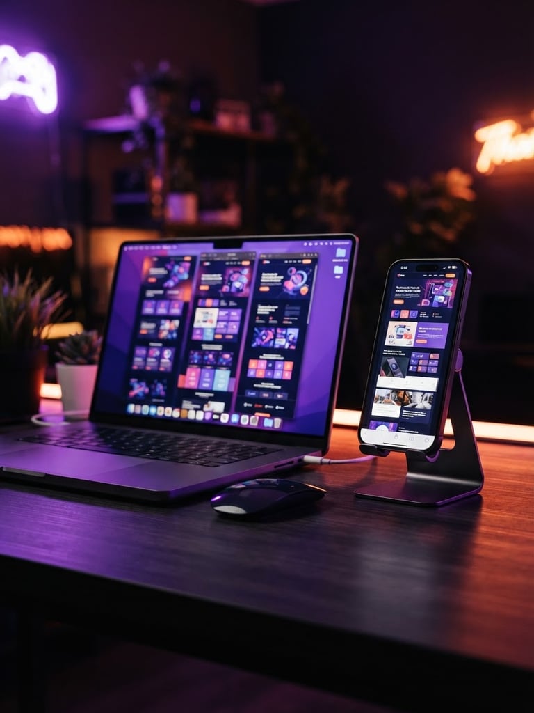 A modern smartphone and laptop displaying responsive website layouts, illuminated by high-contrast purple and orange neon ambient lighting, sharp focus, 35mm lens.