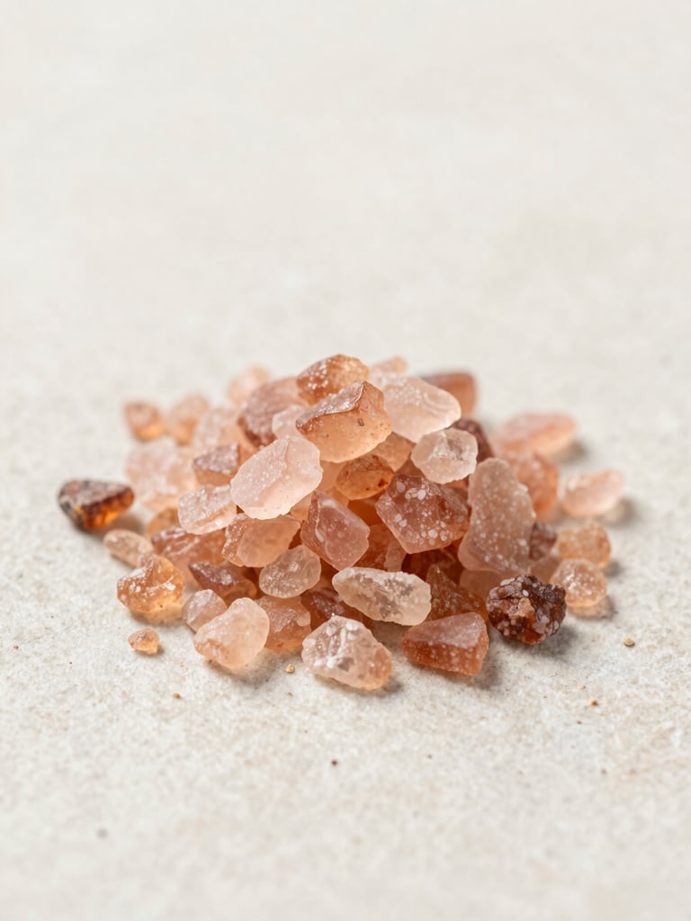 Macro photograph of raw pink Sendha Namak crystal chunks resting on a textured light stone surface, warm soft daylight, minimalist composition, shallow depth of field