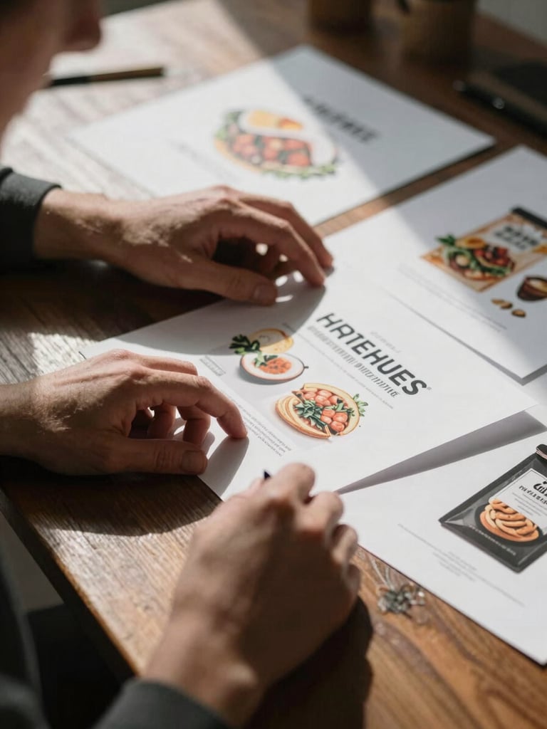 A hands-on agency strategist in soft Scandinavian daylight, reviewing physical print proofs of food packaging on a dark wooden table, natural shadows, editorial composition.