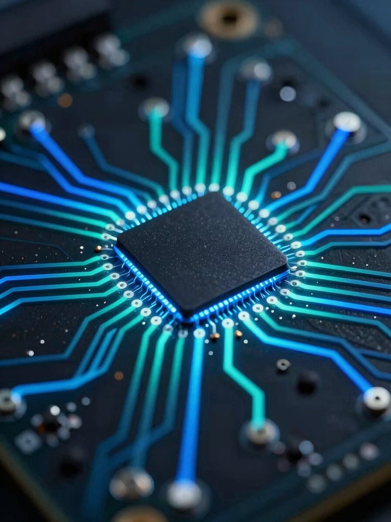 Extreme close-up overhead view of a circuit board node cluster, cyan and electric blue light traces branching outward from a central hub against deep black silicon substrate, cool directional light, sharp precision framing