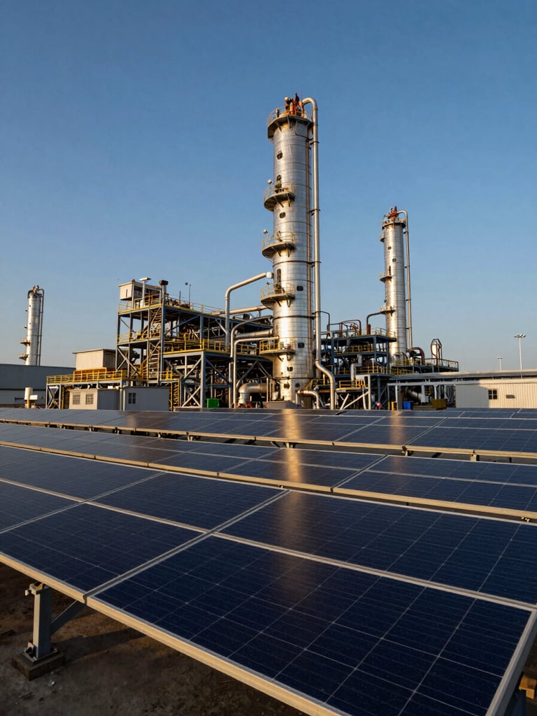 Wide low-angle shot of high-grade solar arrays integrated into a modern industrial refinery landscape at golden hour, sharp metallic structures