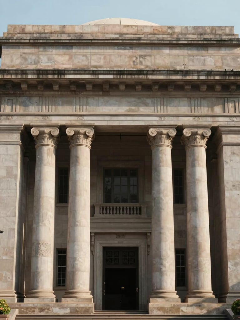 Dignified architectural detail of the High Court of Telangana, symmetrical stone columns under soft morning light, clean composition.