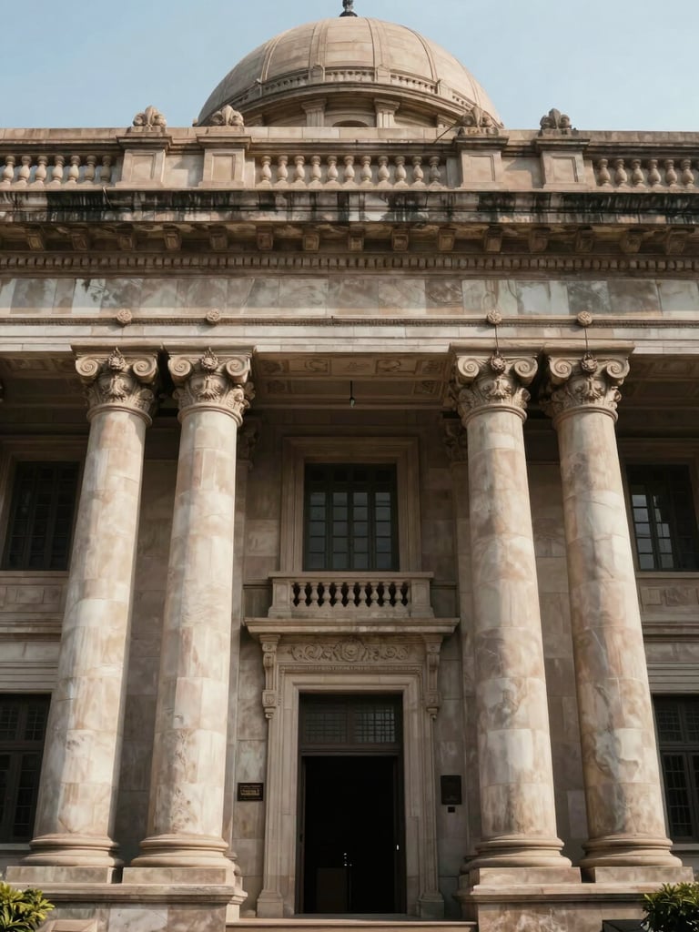 Dignified architectural detail of the Telangana High Court facade, symmetrical stone columns, soft natural daylight.