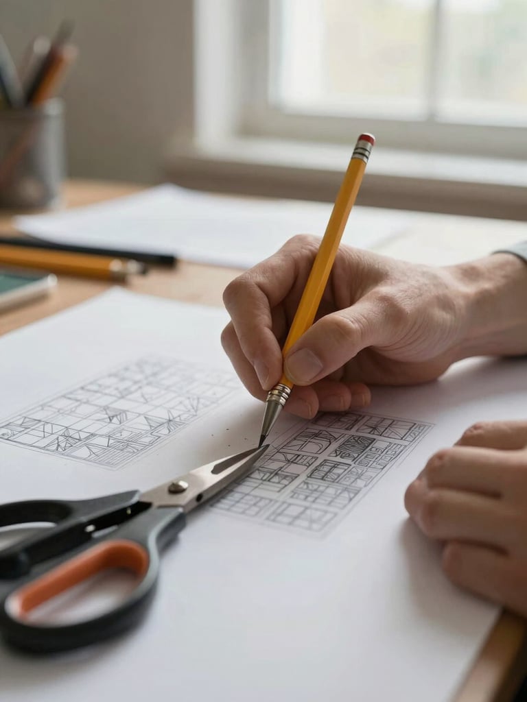 Macro detail of a designer's hands marking pattern paper with a pencil, shears resting nearby, soft window light, editorial composition.