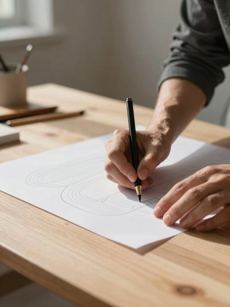 Close-up portrait of a designer's hands drafting a custom paper pattern on a light wood table, soft north-facing daylight, minimalist studio setting.