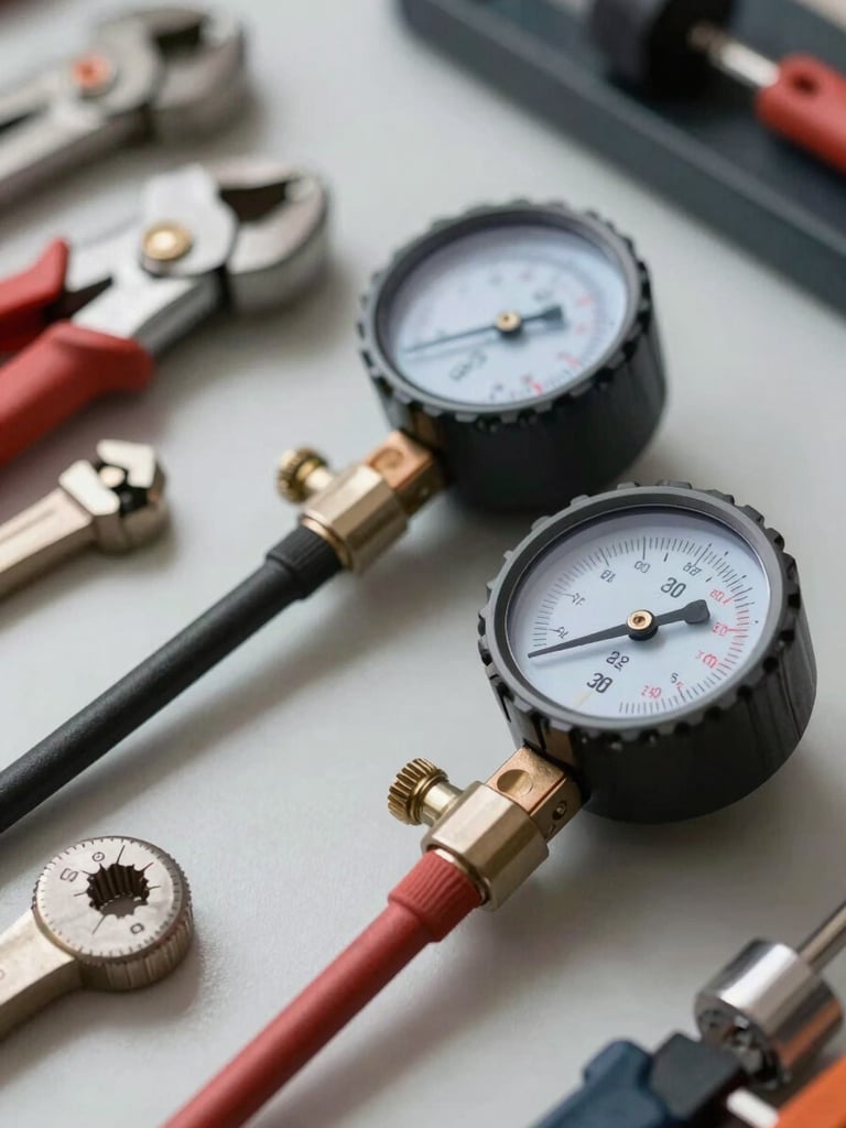 Close-up of professional plumbing tools and a digital pressure gauge neatly arranged on a clean work surface, crisp utility lighting.
