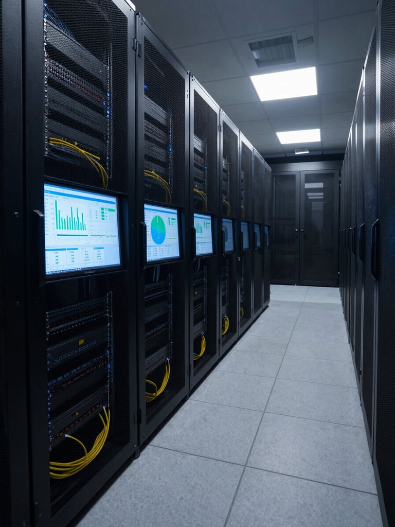 Wide-angle view of a server room corridor at dusk, monitor screens displaying Power BI dashboard charts and KPI metrics in cool blue tones, precise cable management visible in foreground, left-side composition with generous dark space on the right