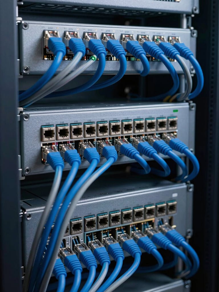 Close-up of structured cabling inside a server rack cabinet, neatly routed ethernet cables in blue and gray, patch panel in focus, cool studio lighting highlighting the precision of the installation