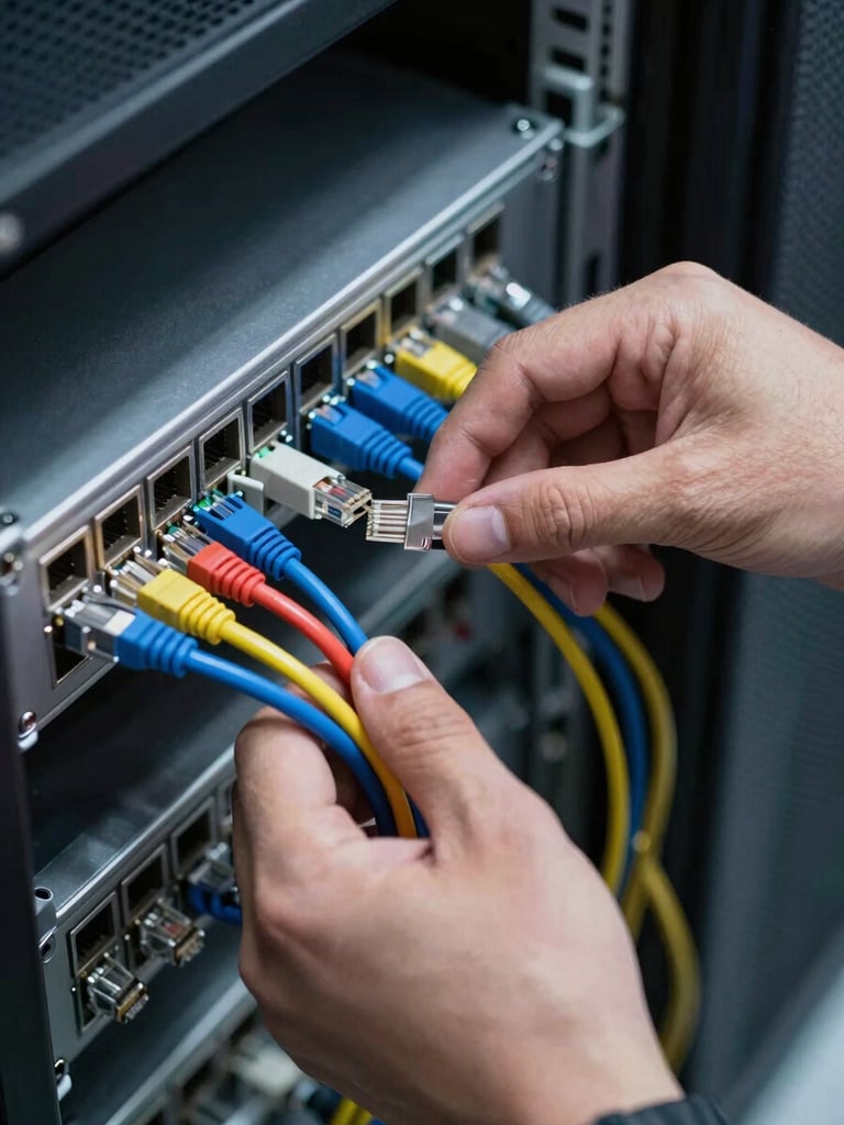 Close-up overhead of a technician's hands connecting ethernet cables into a rack-mounted patch panel, cool fluorescent lighting, cables color-coded and neatly bundled, shallow depth of field isolating the connection point against dark server equipment