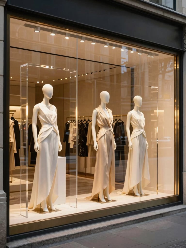 Wide golden-hour street-level view of a luxury fashion flagship window installation, mannequins in haute couture arranged on sculpted white podiums, warm light raking across polished acrylic and brushed metal armatures, storefront glass reflecting the avenue, no pedestrians, precise and still