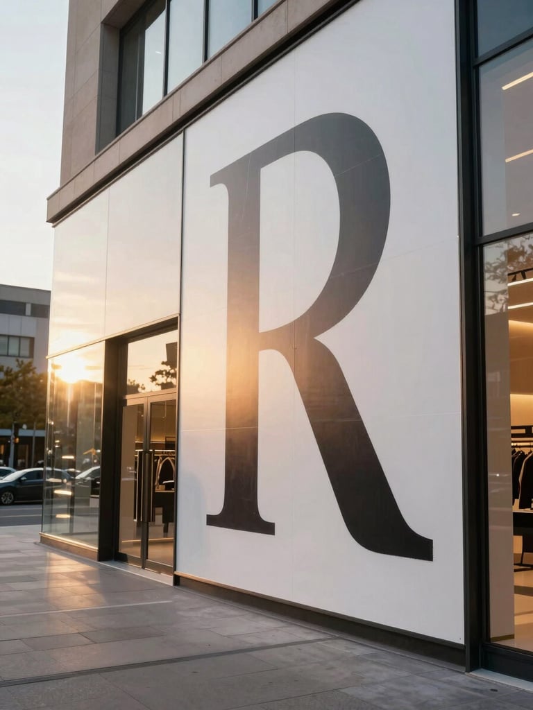 Wide shot of a luxury retail interior mid-installation, large-format vinyl graphics being applied to a curved wall surface, golden-hour light entering through storefront glass, no people visible, architectural scale evident