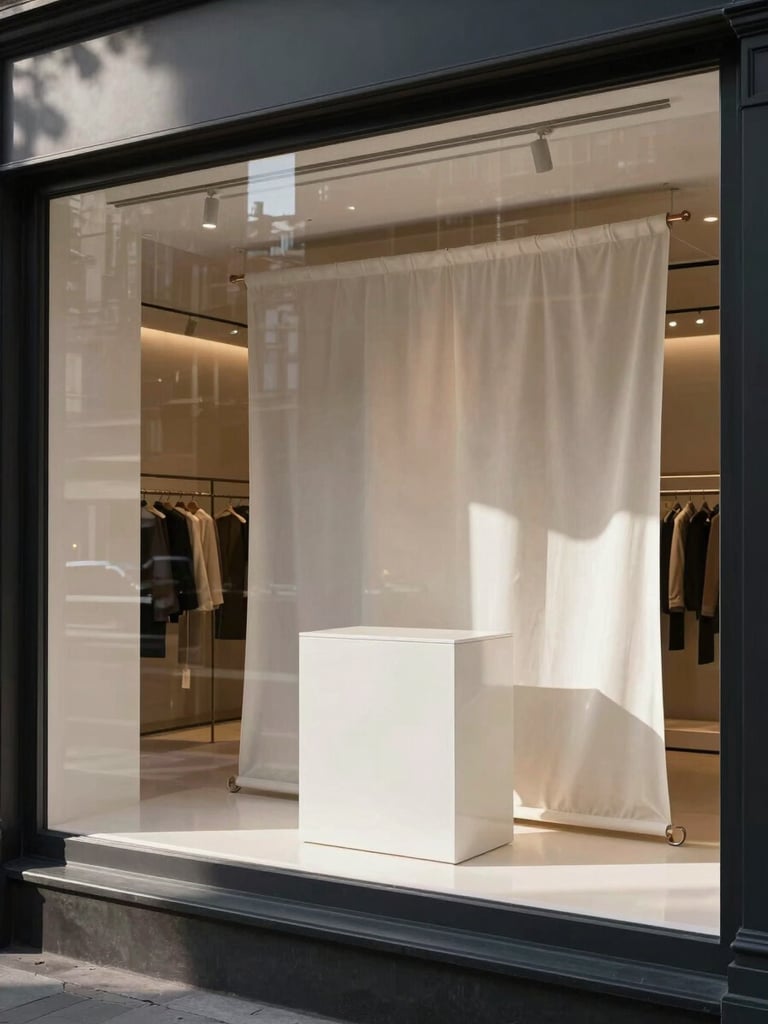 Wide interior view of a completed luxury window display installation, morning north-facing storefront daylight casting clean shadows across a white lacquered podium with tensioned fabric panels, empty retail space behind showing structural precision, shot from street-level looking inward through plate glass