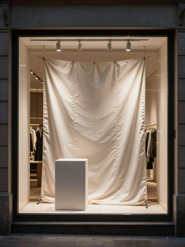 Wide portrait view of a luxury retail window installation at night, precise fabricated podium display with silk fabric tension and polished metal joints catching storefront light, architectural framing from street level, deep shadows, no people