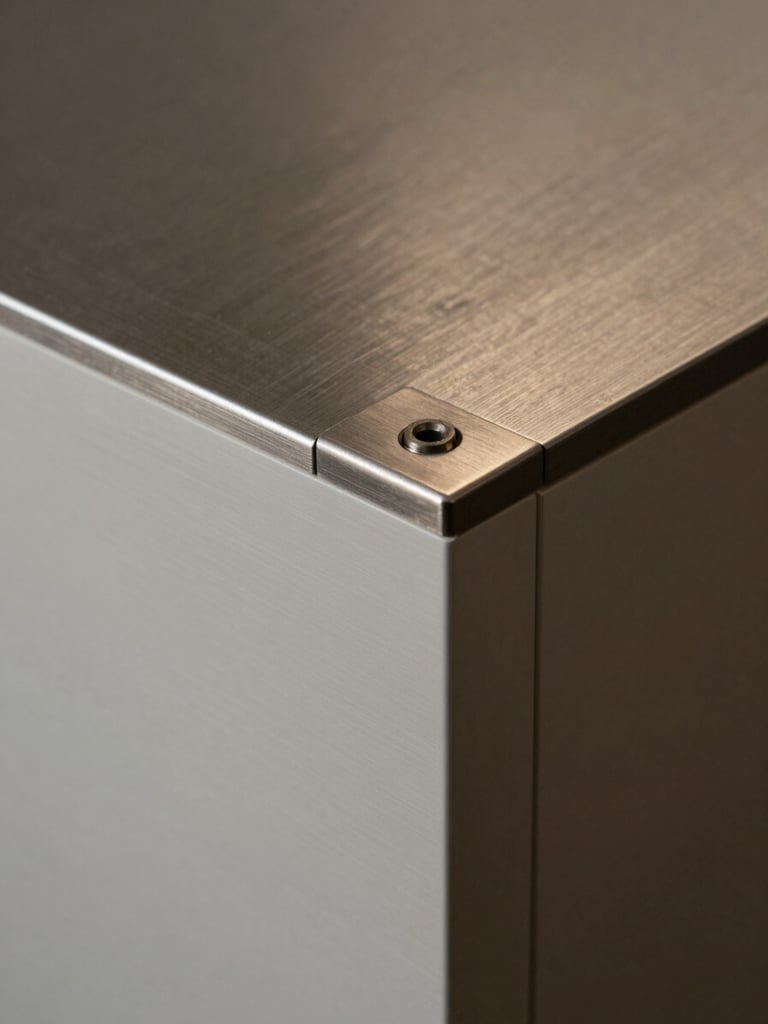 Close-up detail of precision-fabricated retail fixture joint, polished brushed steel and lacquered panel edge under directional studio light, no people, material finish and tolerance visible at macro scale, architectural photography style