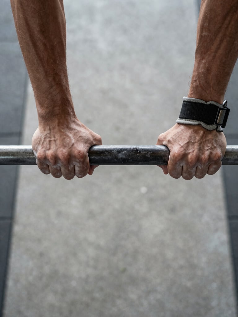 Extreme close-up, overhead frame, hands gripping a steel pull-up bar — chalk-dusted fingers, veins visible, training gloves partially worn, overcast daylight from above, dark metal bar in sharp focus against a blurred concrete gym floor below