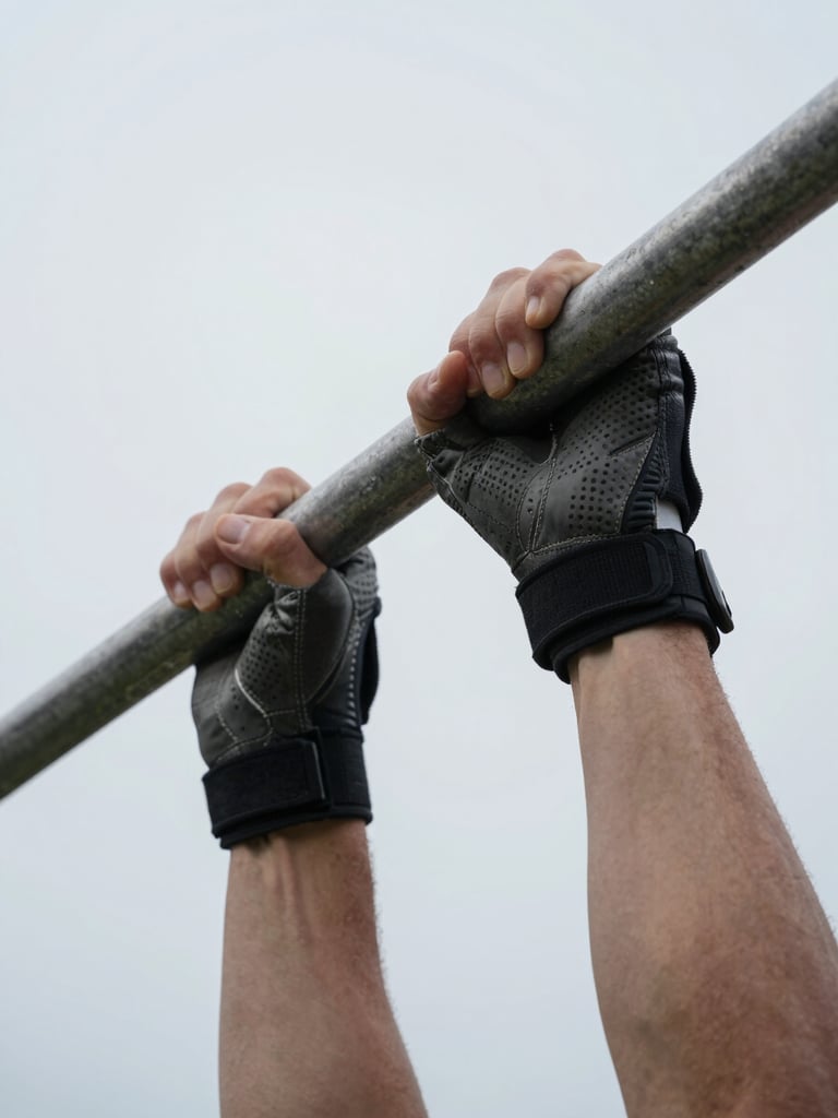 Close-up portrait-orientation shot of an athlete's hands gripping a steel pull-up bar, branded gloves tight on the bar, overcast daylight from the left, knuckles and bar texture sharp