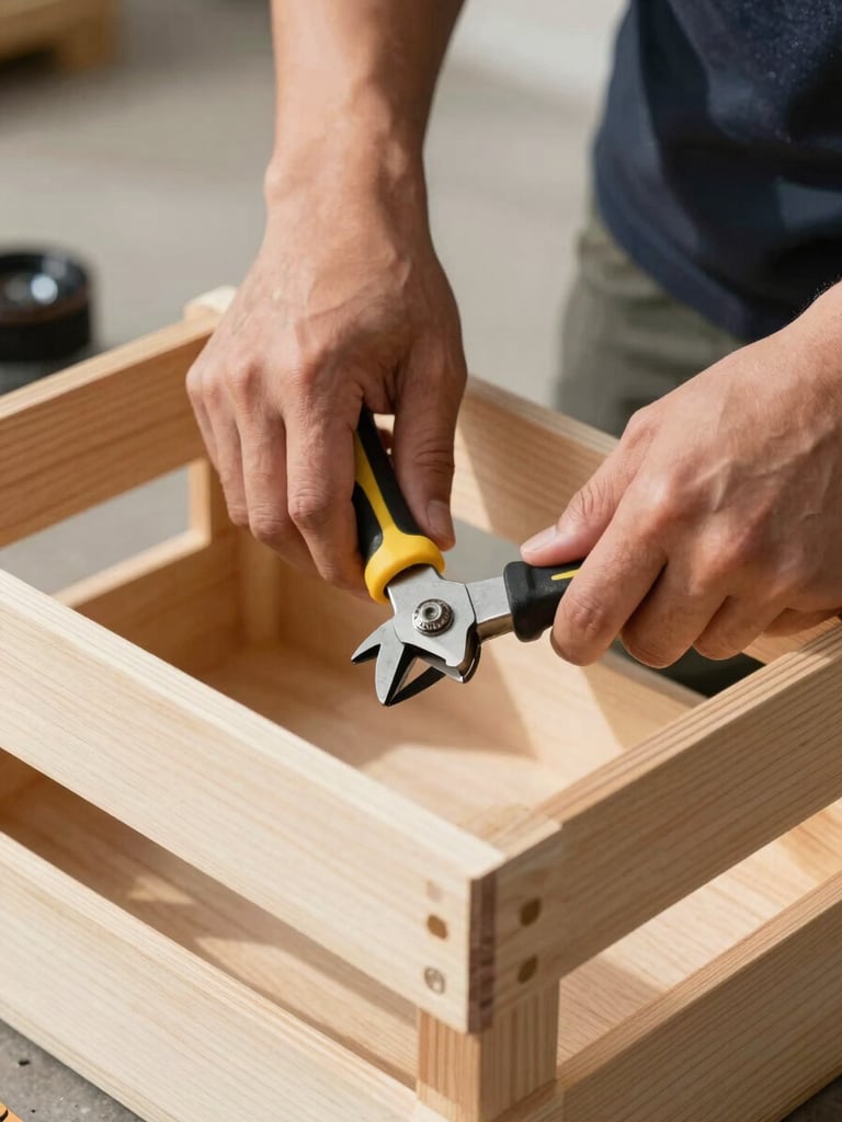 Close-up of hands executing precise packing techniques, securing a custom wooden crate with clean, professional tools under bright daylight.