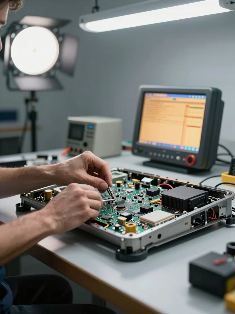 Wide workshop shot from left edge — technician hands mid-repair over an open TV chassis on a clean grey workbench, circuit board exposed, diagnostic equipment screen glowing amber in background, bright overhead studio strobes, no faces visible