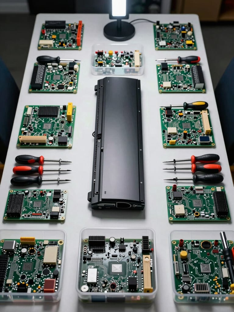 Overhead shot of an organized electronics repair workbench — circuit boards, precision screwdrivers, and labeled component bins arranged in systematic rows under bright studio strobe lighting, a partially disassembled TV panel visible at center, no people