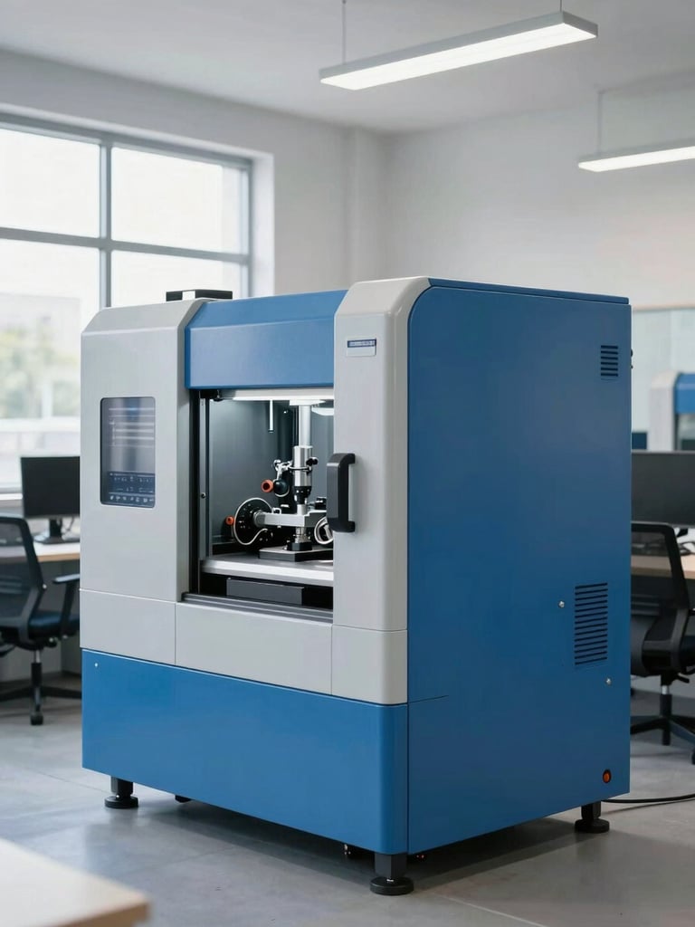 Clean organized industrial environment, modern machinery, bright natural daylight, administration blue accents, professional editorial photography.