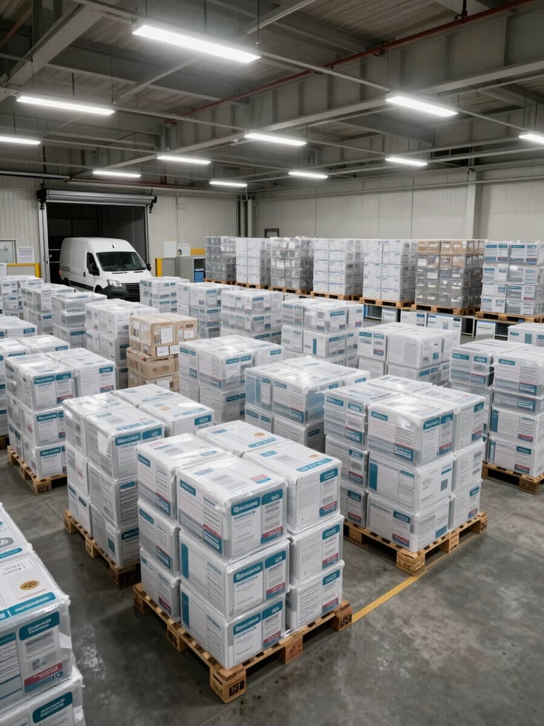 Wide interior of a large Belgian pharmaceutical distribution center, overhead fluorescent lighting casting cool white light over rows of sealed medical cargo boxes stacked on pallets, a refrigerated van bay visible in the background with dock doors open, no people, clean concrete floor, high ceiling, dense logistical order
