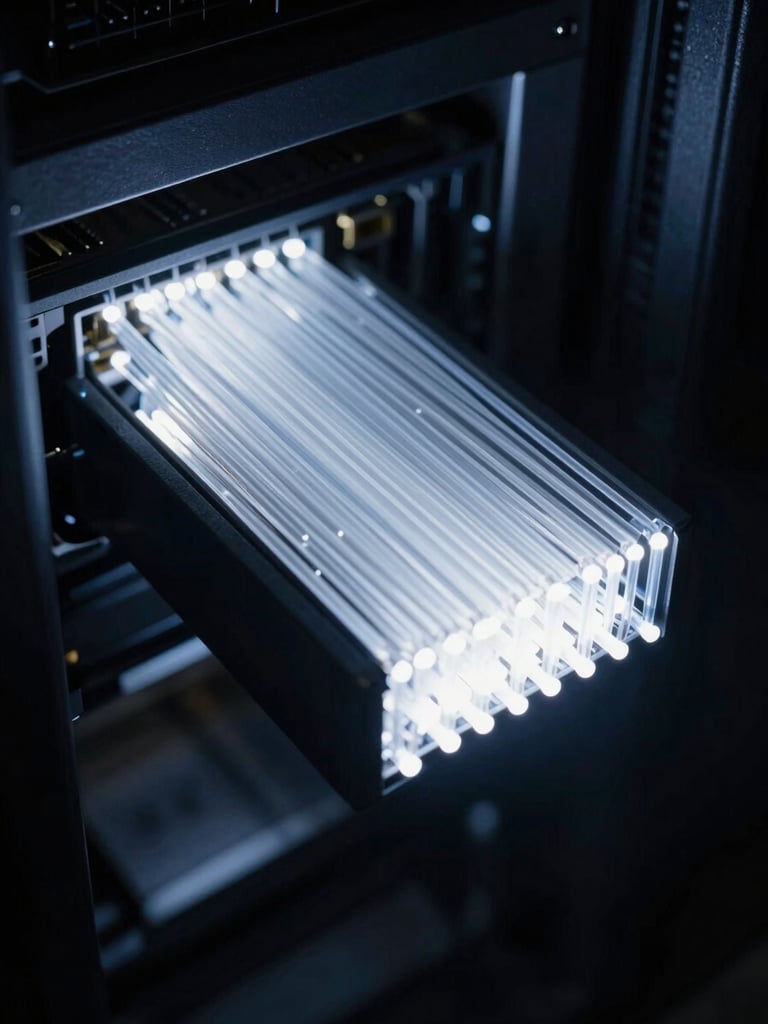 Extreme close-up, high-contrast macro shot of glowing quantum optical fibers within a server array, deep shadows, harsh white light, 35mm.