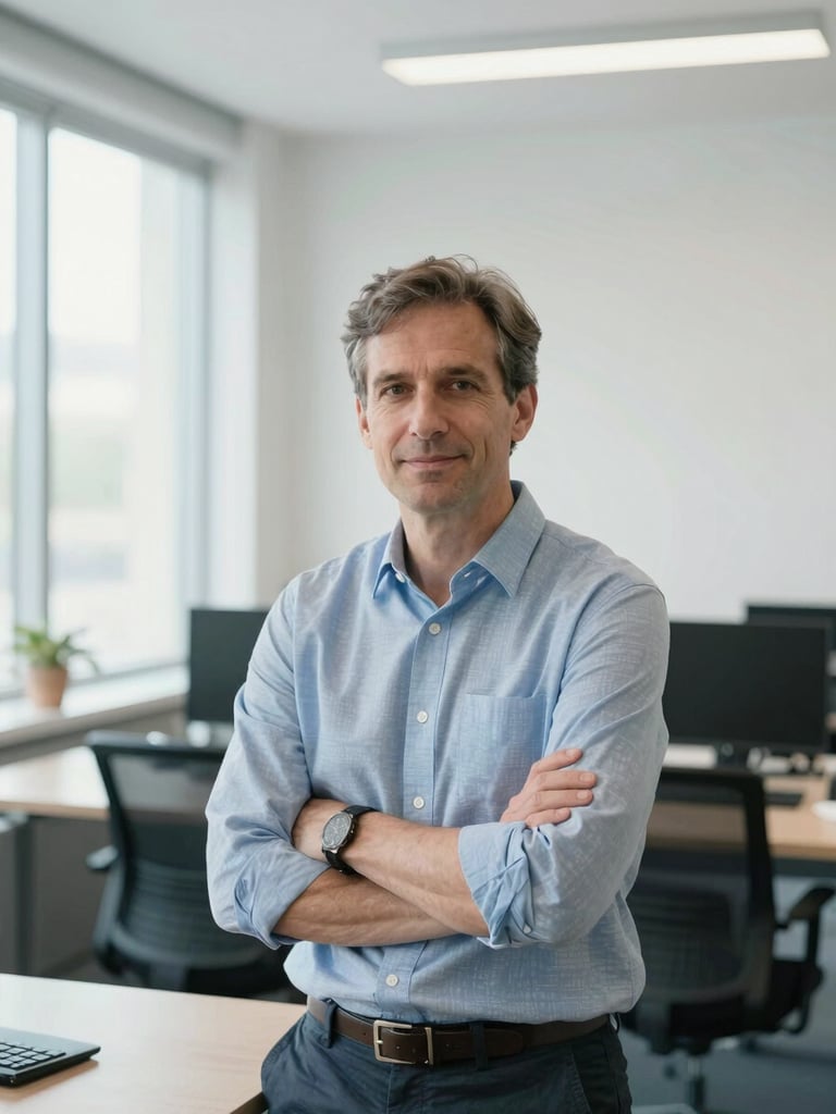 A candid, confident portrait of an academic mentor in a modern, sunlit university office, soft color-gel highlights, minimalist composition, 35mm lens.