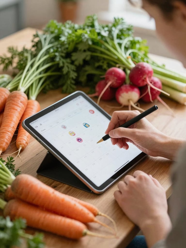 Agency team member sketching a social media content calendar on a tablet, with farm-fresh produce like carrots and radishes in the foreground, soft Scandinavian daylight, shallow depth of field.