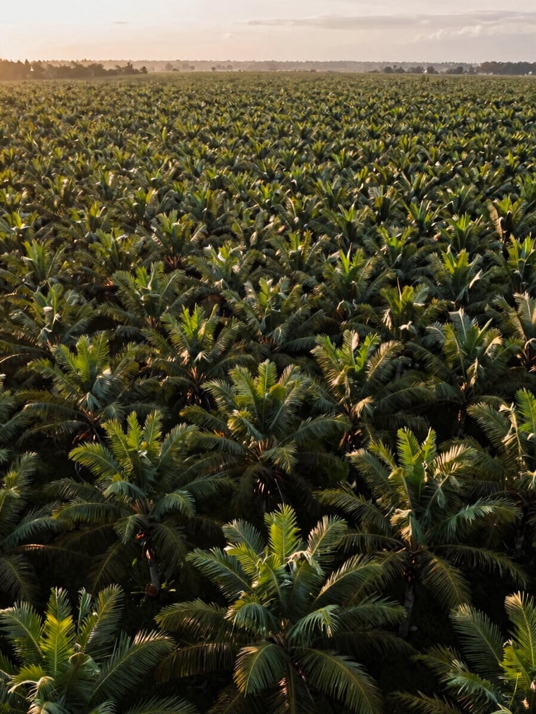 Wide overhead view of Indonesian palm plantation rows stretching to the horizon under golden-hour daylight, geometric canopy lanes converging in the distance, land scale evident, no people visible
