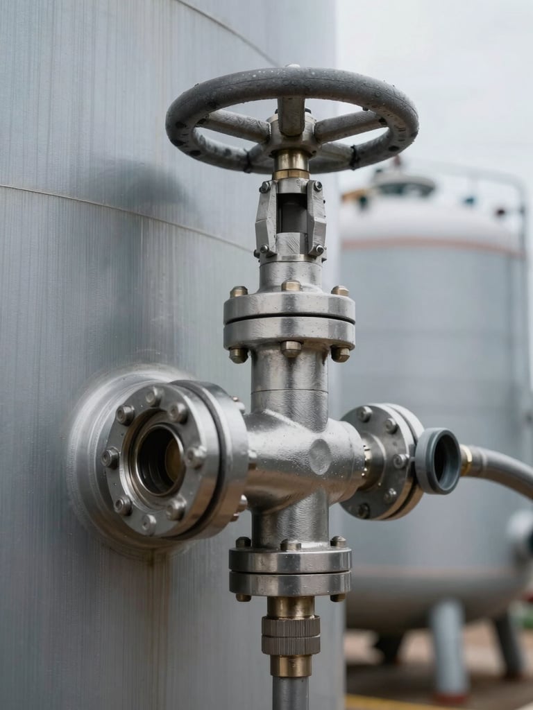 Extreme close-up of industrial fuel sampling equipment — a stainless steel valve and hose connector on a biodiesel storage tank exterior, natural overcast light, sharp technical detail, documentary tone, no people
