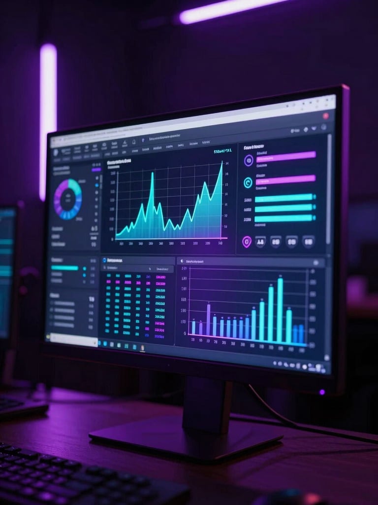 Wide studio monitor displaying vibrant campaign analytics dashboard, neon purple and cyan light sources reflecting off the screen surface, dramatic backlighting from LED rig, close-up framing with dark deep background, metrics graphs glowing in frame