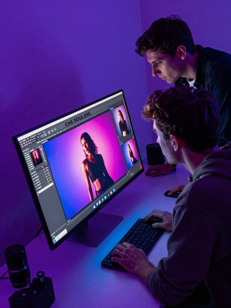 Wide cinematic frame, left-edge bleed — studio interior bathed in electric purple and neon blue LED light, two creatives leaning over a large monitor displaying a vivid campaign mockup, neon glow spilling across their silhouettes from the screen, dramatic shadow contrast, overhead angle, equipment and design assets visible on desk edges